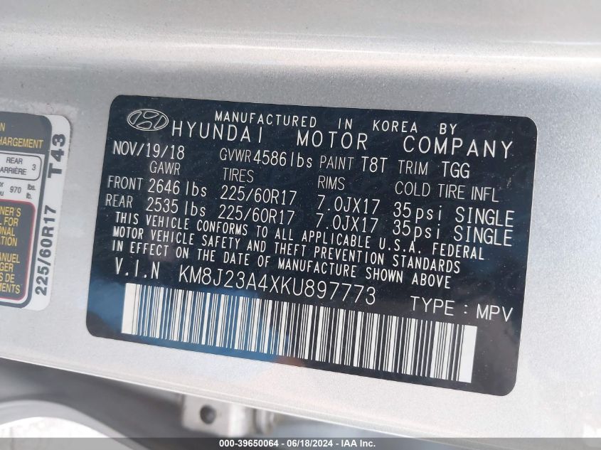 2019 Hyundai Tucson Se VIN: KM8J23A4XKU897773 Lot: 39650064