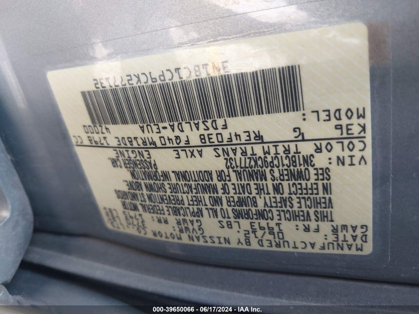 2012 Nissan Versa S/Sl VIN: 3N1BC1CP9CK277132 Lot: 39650066