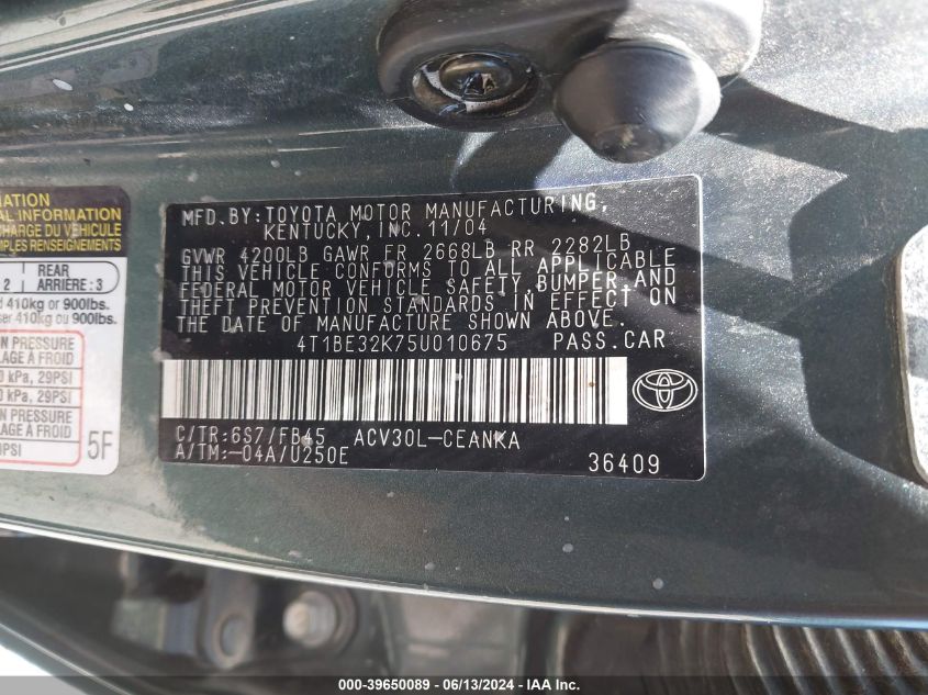 2005 Toyota Camry Le VIN: 4T1BE32K75U010675 Lot: 39650089