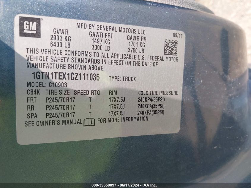 2012 GMC Sierra 1500 Work Truck VIN: 1GTN1TEX1CZ111036 Lot: 39650097