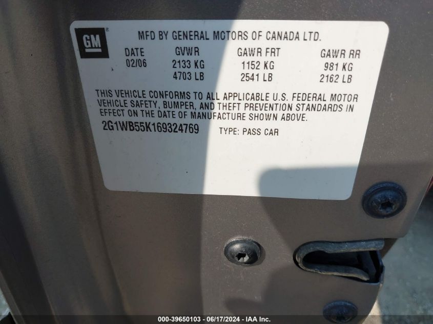 2006 Chevrolet Impala Ls VIN: 2G1WB55K169324769 Lot: 39650103
