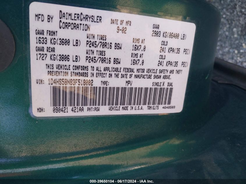 2003 Dodge Durango Slt Plus VIN: 1D4HS58N83F518002 Lot: 39650104