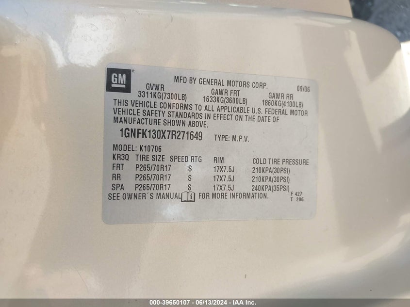 2007 Chevrolet Tahoe Lt VIN: 1GNFK130X7R271649 Lot: 39650107