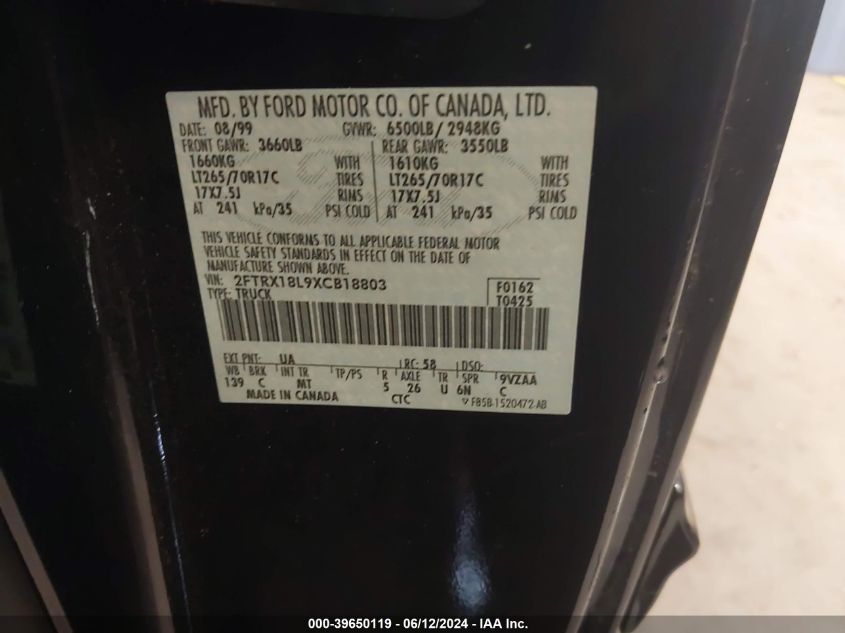 1999 Ford F-150 Lariat/Xl/Xlt VIN: 2FTRX18L9XCB18803 Lot: 39650119