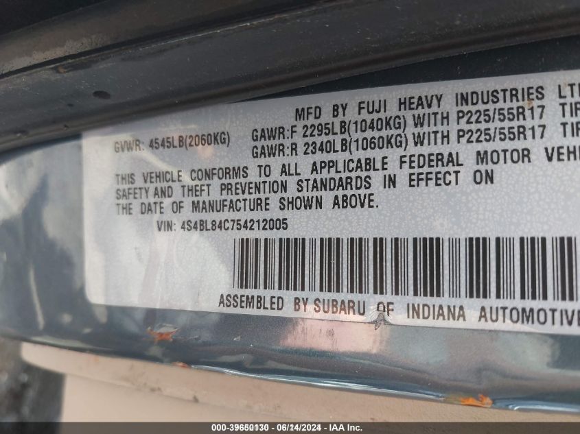 2005 Subaru Outback 3.0R VIN: 4S4BL84C754212005 Lot: 39650130