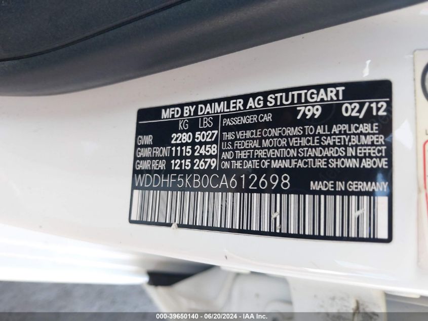 2012 Mercedes-Benz E 350 VIN: WDDHF5KB0CA612698 Lot: 39650140