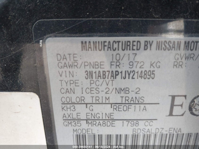 2018 Nissan Sentra S/Sl/Sr/Sv VIN: 3N1AB7AP1JY214895 Lot: 39650141