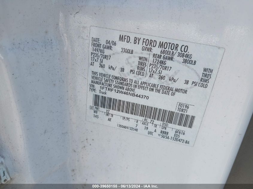 2006 Ford F-150 Stx/Xl/Xlt VIN: 1FTRF12W46NB44370 Lot: 39650155