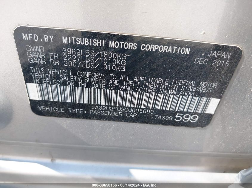 2016 Mitsubishi Lancer Es VIN: JA32U2FU2GU005690 Lot: 39650156