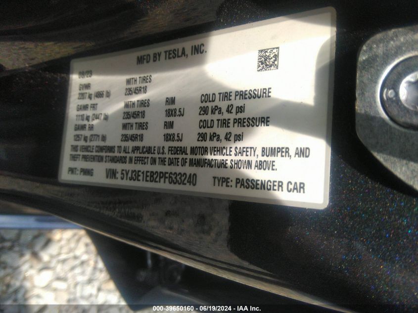 2023 Tesla Model 3 Long Range Dual Motor All-Wheel Drive VIN: 5YJ3E1EB2PF633240 Lot: 39650160