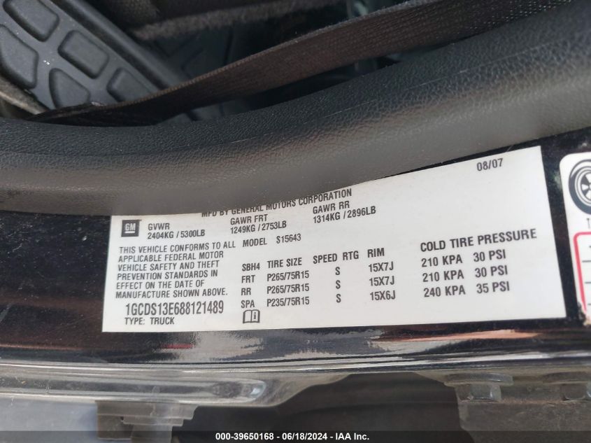 2008 Chevrolet Colorado Lt VIN: 1GCDS13E688121489 Lot: 39650168