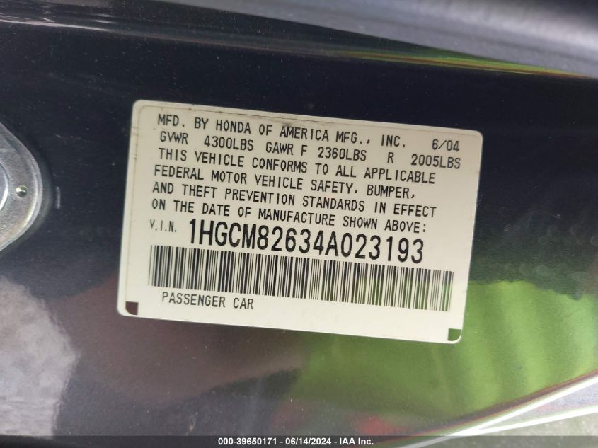 2004 Honda Accord 3.0 Ex VIN: 1HGCM82634A023193 Lot: 39650171