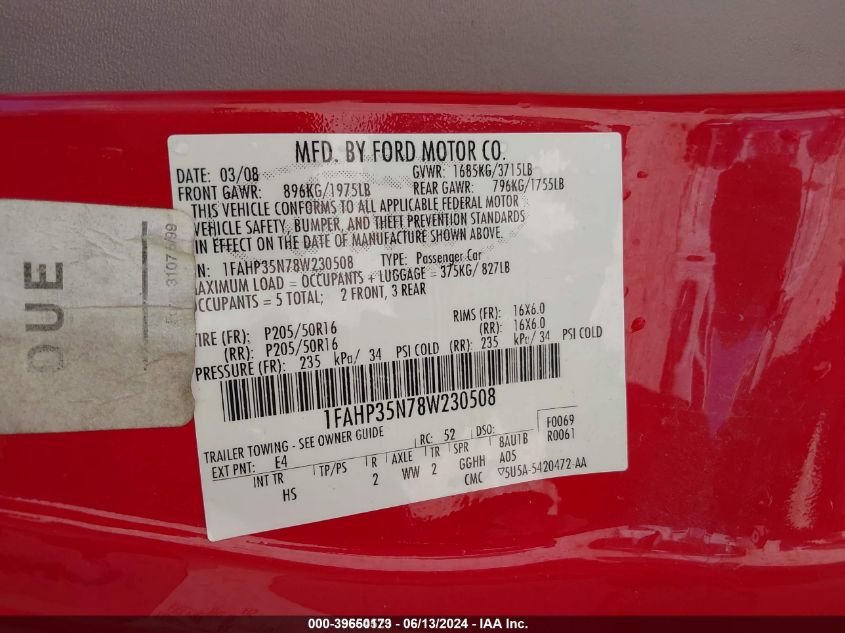2008 Ford Focus Se/Ses VIN: 1FAHP35N78W230508 Lot: 39650173