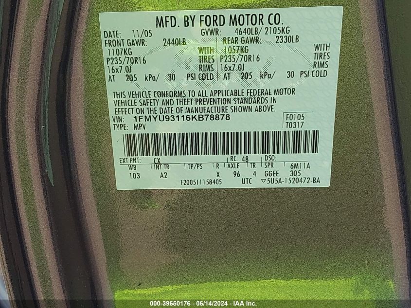 2006 Ford Escape Xlt/Xlt Sport VIN: 1FMYU93116KB78878 Lot: 39650176