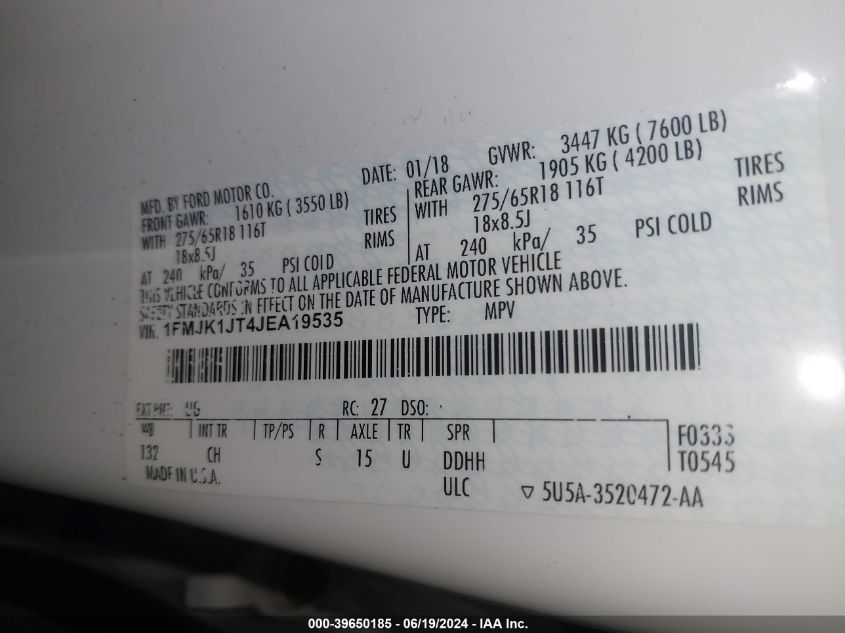 2018 Ford Expedition Max Xlt VIN: 1FMJK1JT4JEA19535 Lot: 39650185
