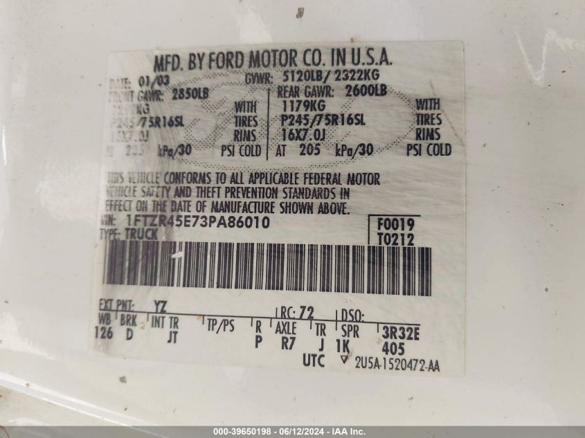 2003 Ford Ranger Edge/Xlt VIN: 1FTZR45E73PA86010 Lot: 39650198