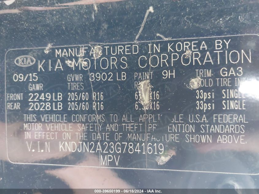 2016 Kia Soul VIN: KNDJN2A23G7841619 Lot: 39650199