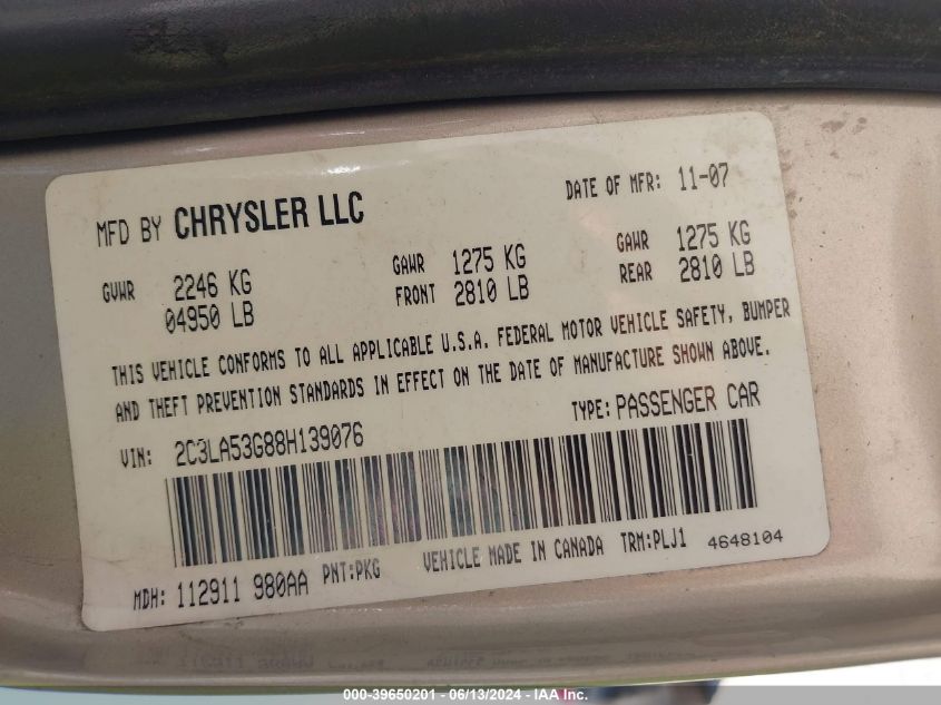 2008 Chrysler 300 Touring VIN: 2C3LA53G88H139076 Lot: 39650201