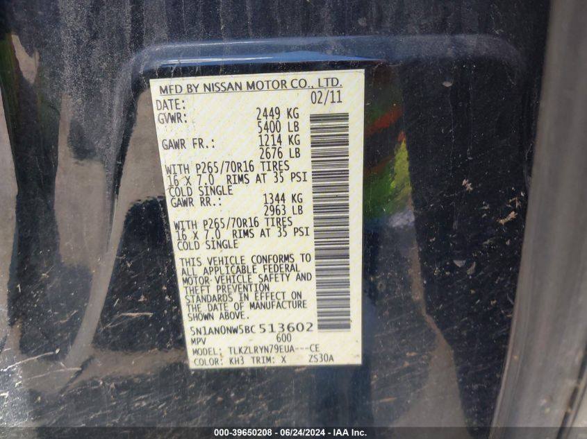 2011 Nissan Xterra S VIN: 5N1AN0NW5BC513602 Lot: 39650208