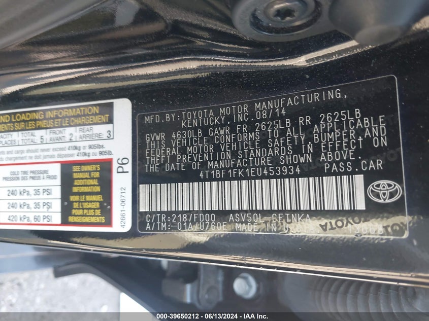 2014 Toyota Camry Le VIN: 4T1BF1FK1EU453934 Lot: 39650212