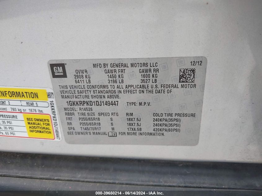 2013 GMC Acadia Sle-2 VIN: 1GKKRPKD1DJ149447 Lot: 39650214