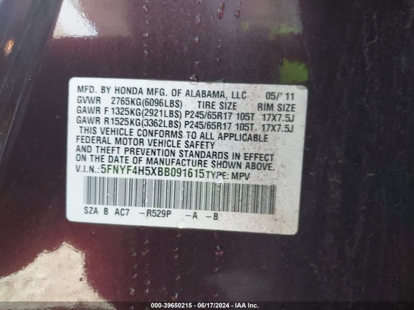 2011 Honda Pilot Ex-L VIN: 5FNYF4H5XBB091615 Lot: 39650215