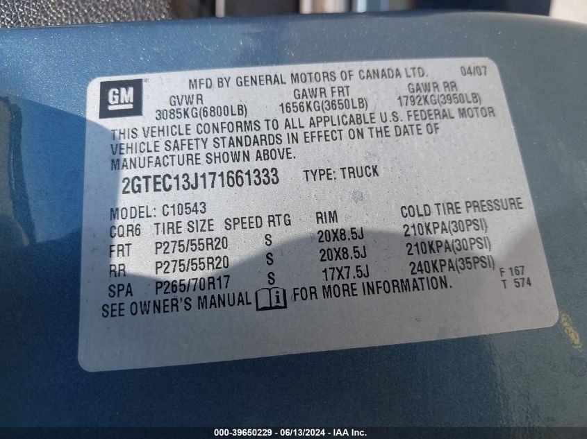 2007 GMC Sierra 1500 Sle1 VIN: 2GTEC13J171661333 Lot: 39650229