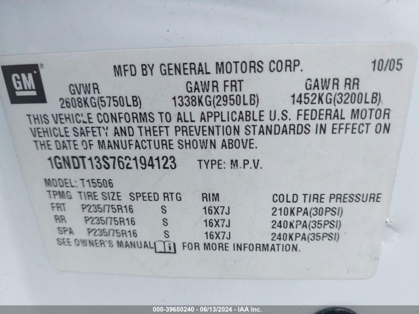 2006 Chevrolet Trailblazer Ls VIN: 1GNDT13S762194123 Lot: 39650240