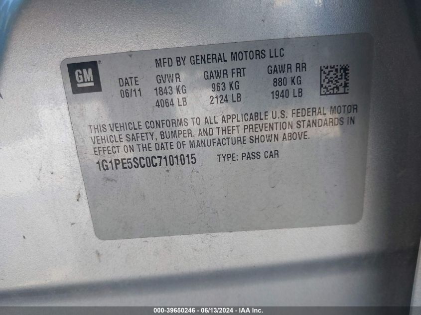 2012 Chevrolet Cruze Lt VIN: 1G1PE5SC0C7101015 Lot: 39650246