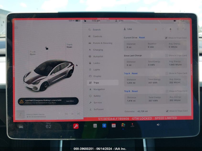 2020 Tesla Model 3 Standard Range Plus Rear-Wheel Drive/Standard Range Rear-Wheel Drive VIN: 5YJ3E1EA4LF785909 Lot: 39650251