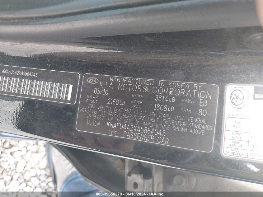 2010 Kia Forte Ex VIN: KNAFU4A2XA5864545 Lot: 39650270