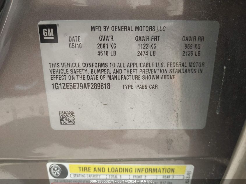 2010 Chevrolet Malibu Ltz VIN: 1G1ZE5E79AF289818 Lot: 39650271