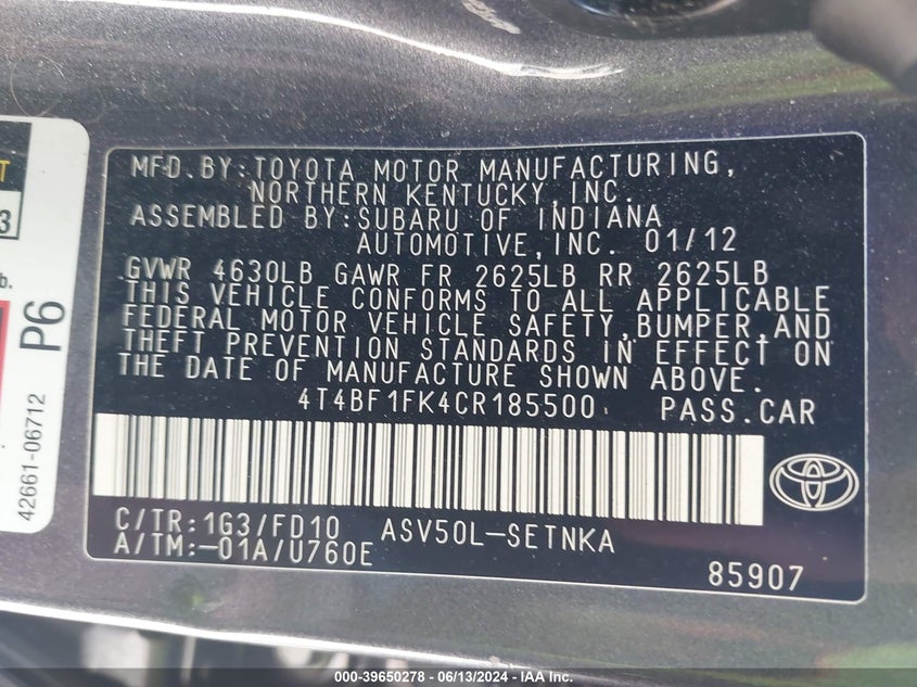 2012 Toyota Camry Le VIN: 4T4BF1FK4CR185500 Lot: 39650278