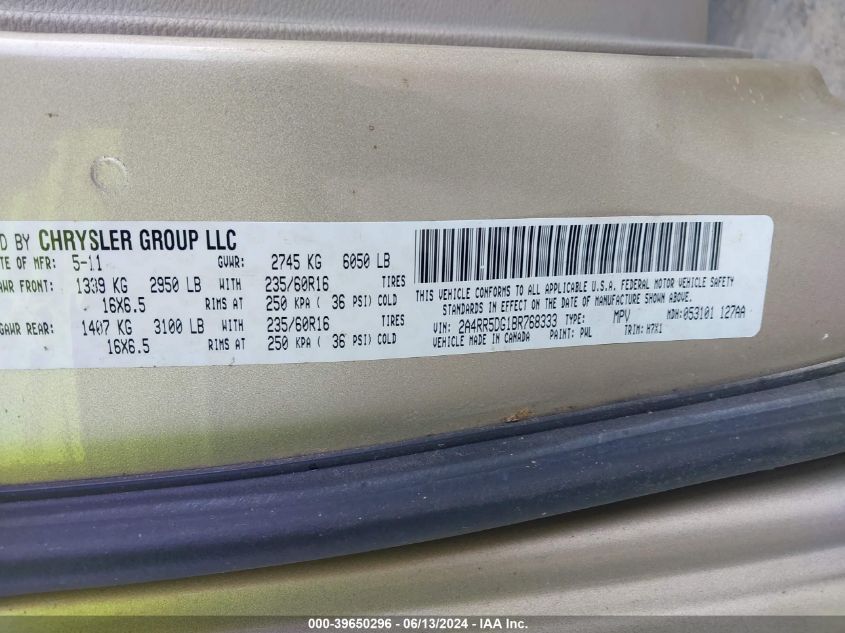 2011 Chrysler Town & Country Touring VIN: 2A4RR5DG1BR768333 Lot: 39650296