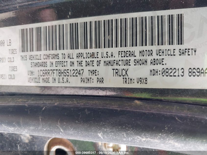 2017 Ram 1500 Tradesman Quad Cab 4X4 6'4 Box VIN: 1C6RR7FT8HS512247 Lot: 39650317