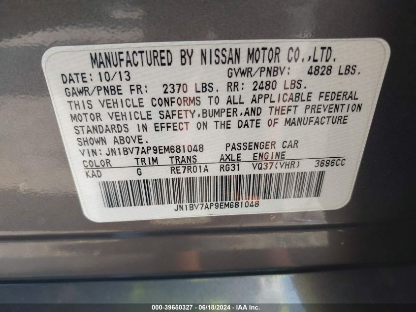 2014 Infiniti Q50 Premium VIN: JN1BV7AP9EM681048 Lot: 39650327