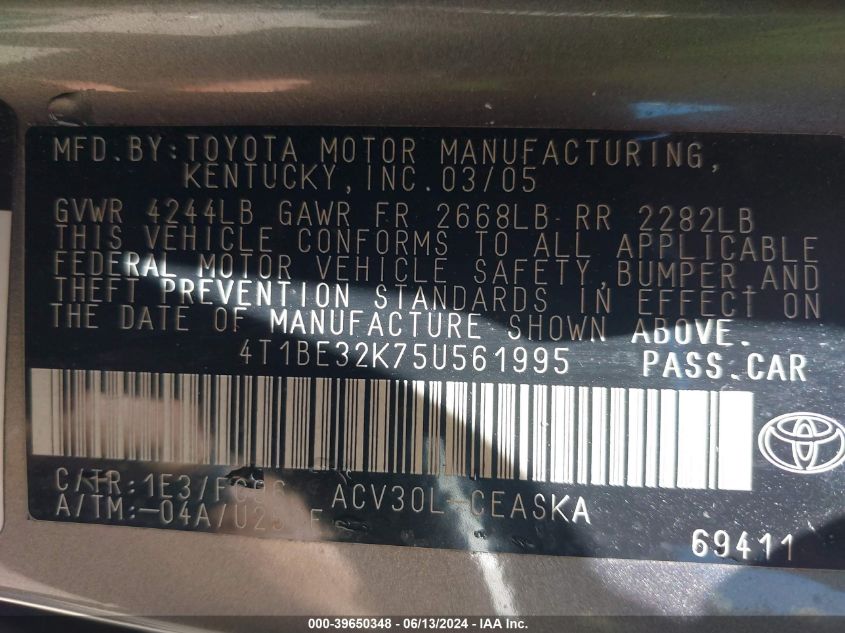 2005 Toyota Camry Se VIN: 4T1BE32K75U561995 Lot: 39650348