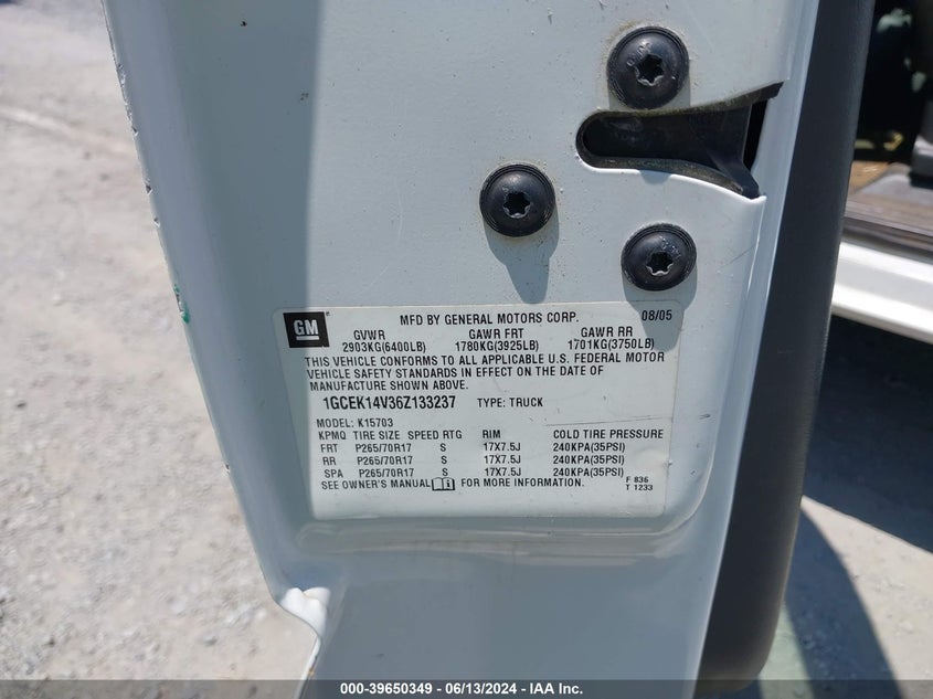 2006 Chevrolet Silverado 1500 Work Truck VIN: 1GCEK14V36Z133237 Lot: 39650349
