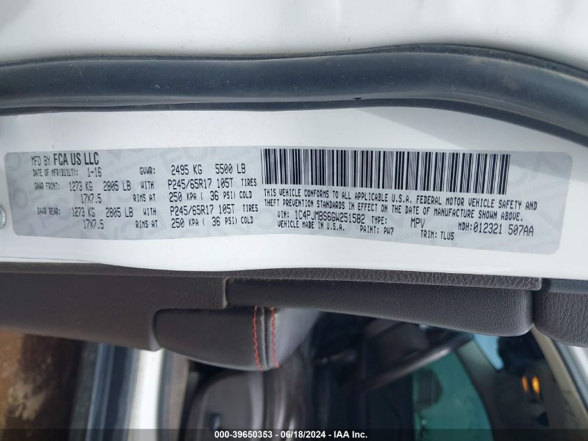 2016 Jeep Cherokee Trailhawk VIN: 1C4PJMBS6GW251582 Lot: 39650353