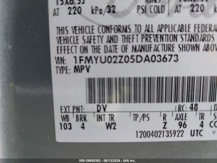 2005 Ford Escape Xls VIN: 1FMYU02Z05DA03673 Lot: 39650363