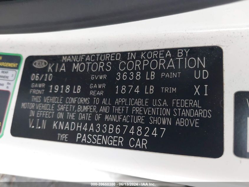 2011 Kia Rio Lx VIN: KNADH4A33B6748247 Lot: 39650380