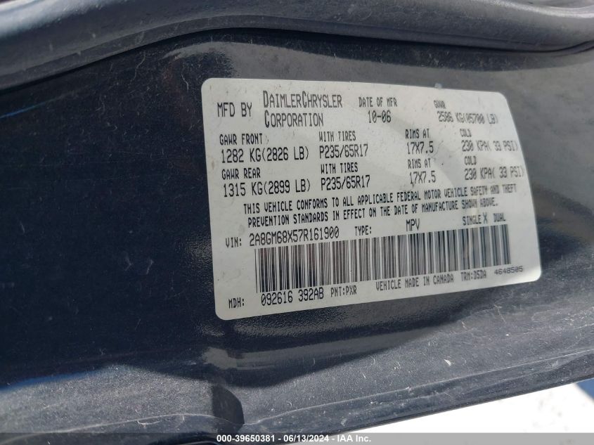 2007 Chrysler Pacifica Touring VIN: 2A8GM68X57R161900 Lot: 39650381