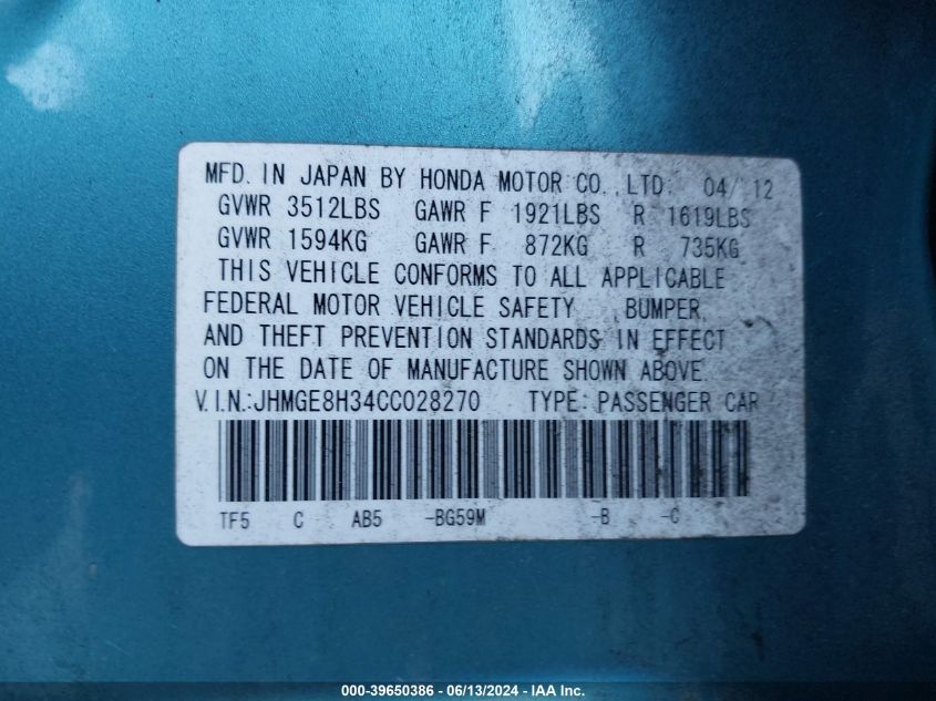 2012 Honda Fit VIN: JHMGE8H34CC028270 Lot: 39650386