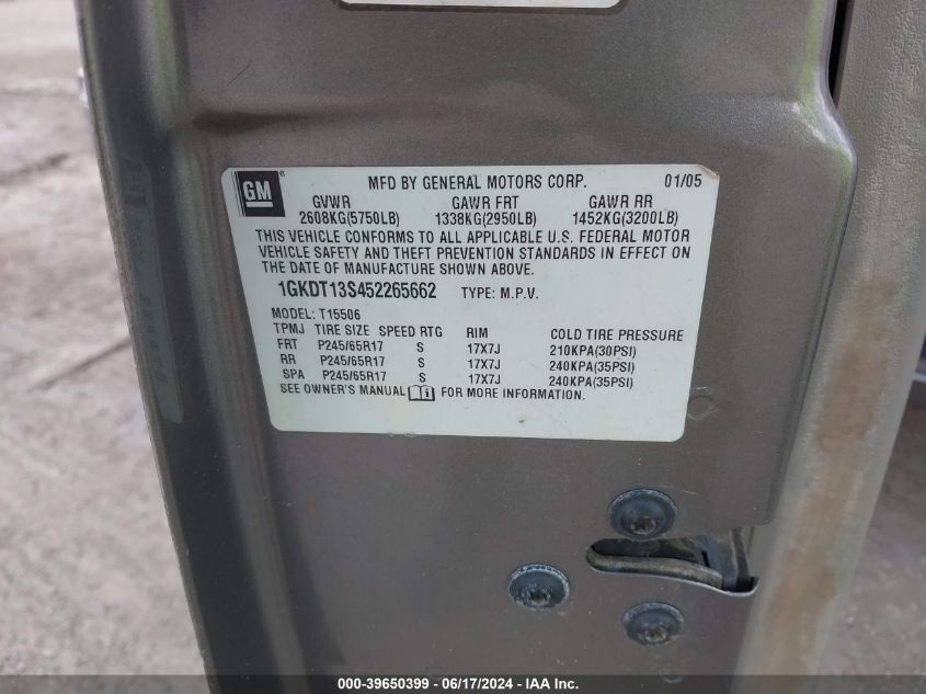 2005 GMC Envoy Sle VIN: 1GKDT13S452265662 Lot: 39650399