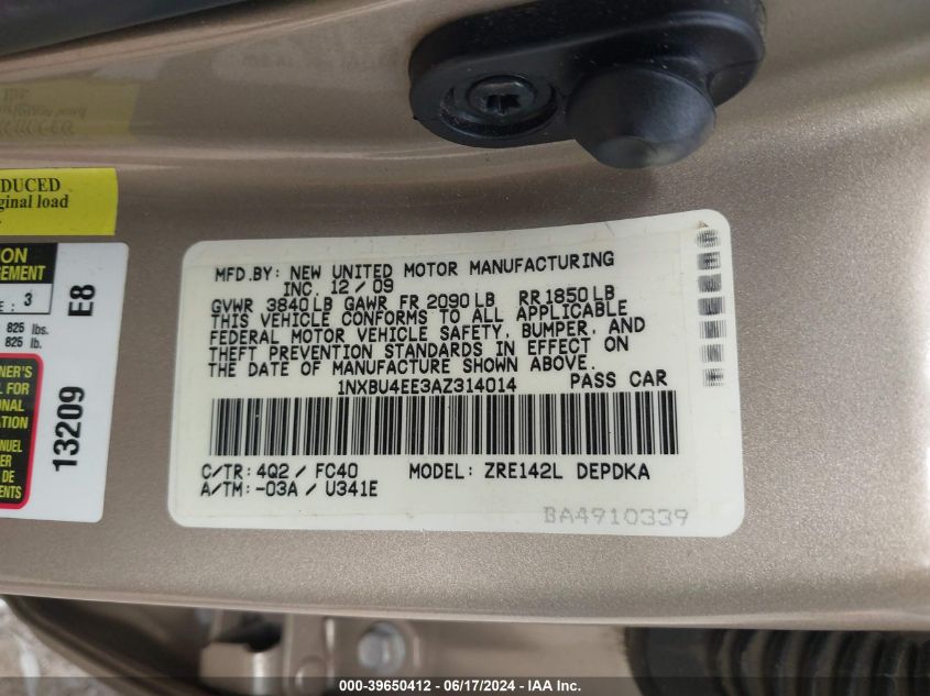 2010 Toyota Corolla Le VIN: 1NXBU4EE3AZ314014 Lot: 39650412