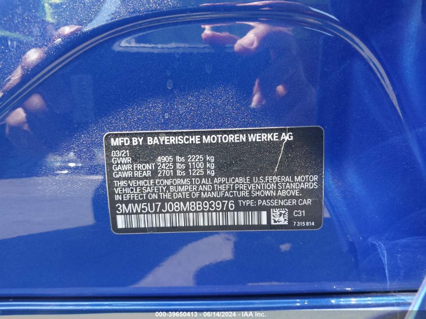 2021 BMW 3 Series M340I VIN: 3MW5U7J08M8B93976 Lot: 39650413