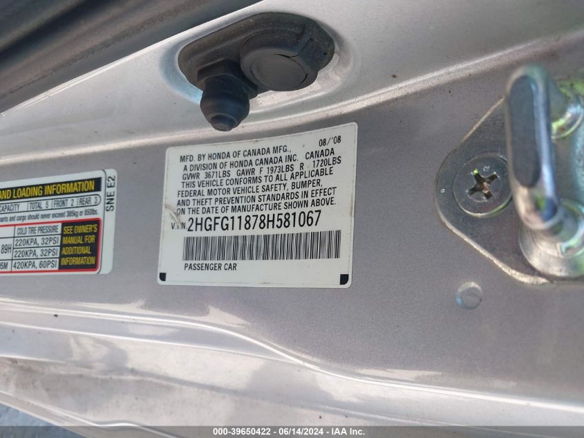 2008 Honda Civic Ex VIN: 2HGFG11878H581067 Lot: 39650422