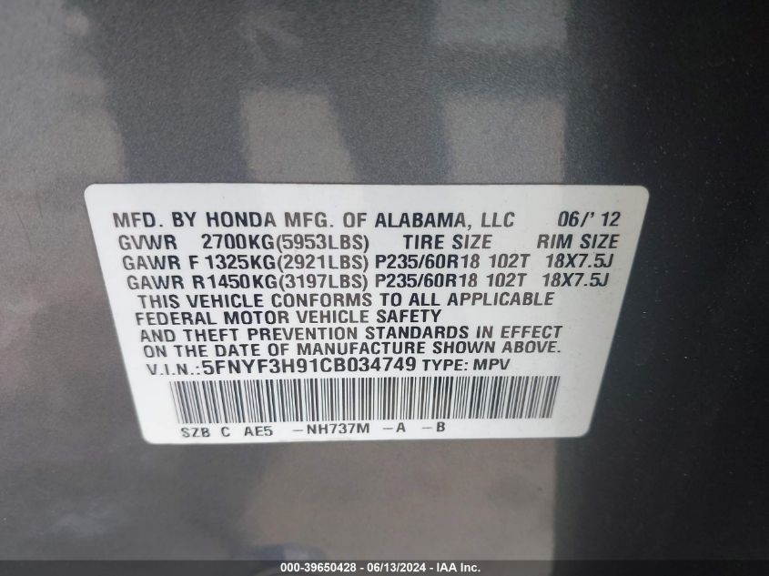 2012 Honda Pilot Touring VIN: 5FNYF3H91CB034749 Lot: 39650428