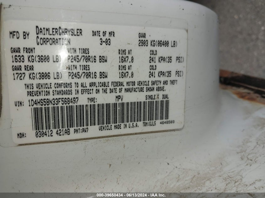 2003 Dodge Durango Slt Plus VIN: 1D4HS58N33F568497 Lot: 39650434