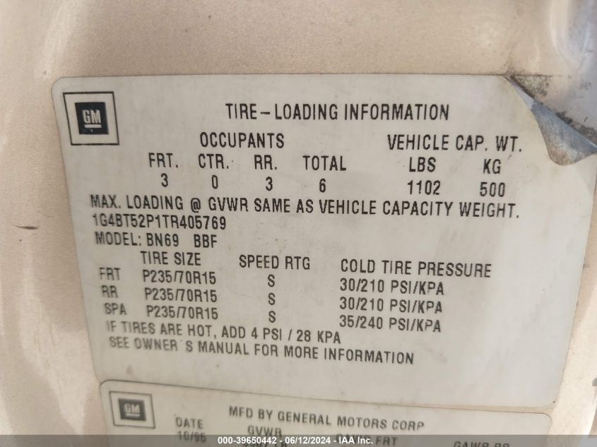 1996 Buick Roadmaster Limited VIN: 1G4BT52P1TR405769 Lot: 39650442